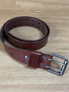 Vintage Fossil Belt Leather Buckle Size 36 Full Grain Cowhide Brown Double Prong